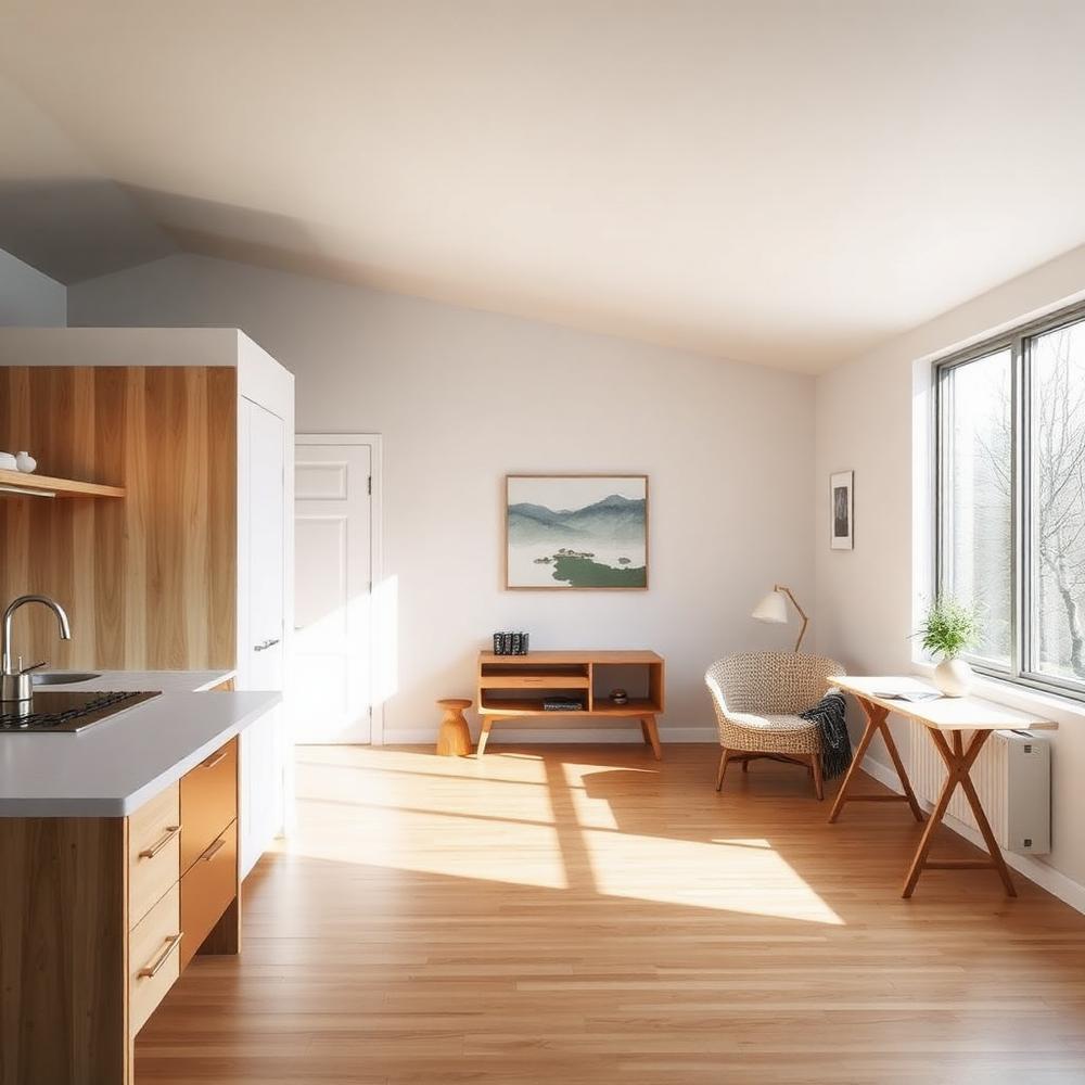 Bright ADU studio interior with kitchenette, living area and wood flooring