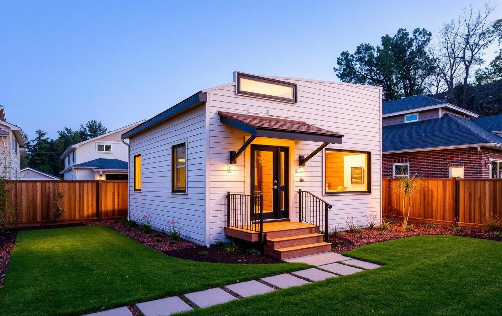 Detached accessory dwelling unit in a landscaped residential backyard