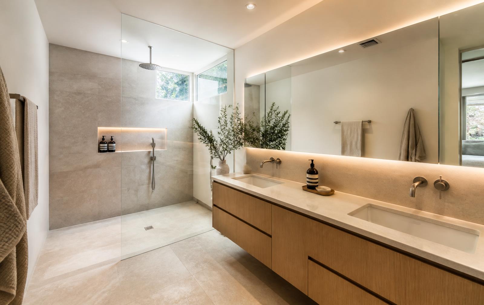 Bathroom remodel with tiled shower, mirror and modern fixtures