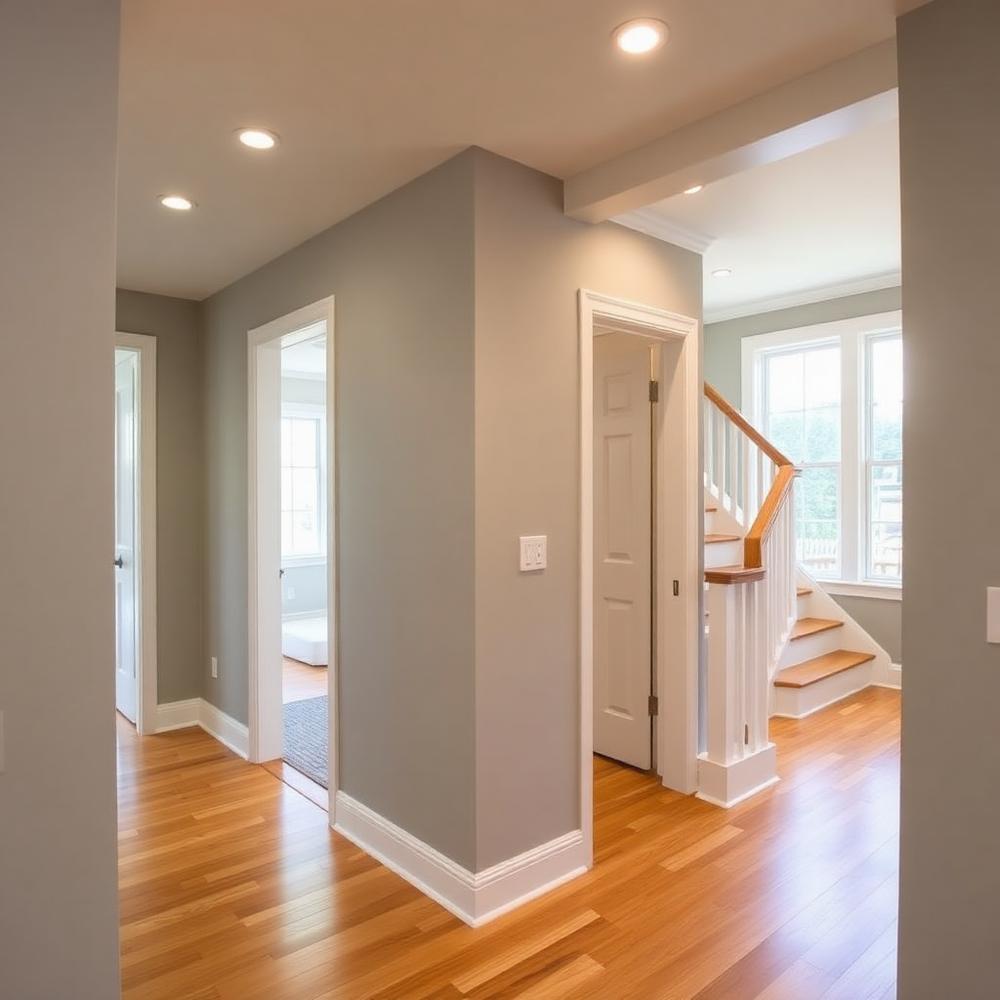 Renovated hallway and staircase with fresh drywall, trim and wood flooring