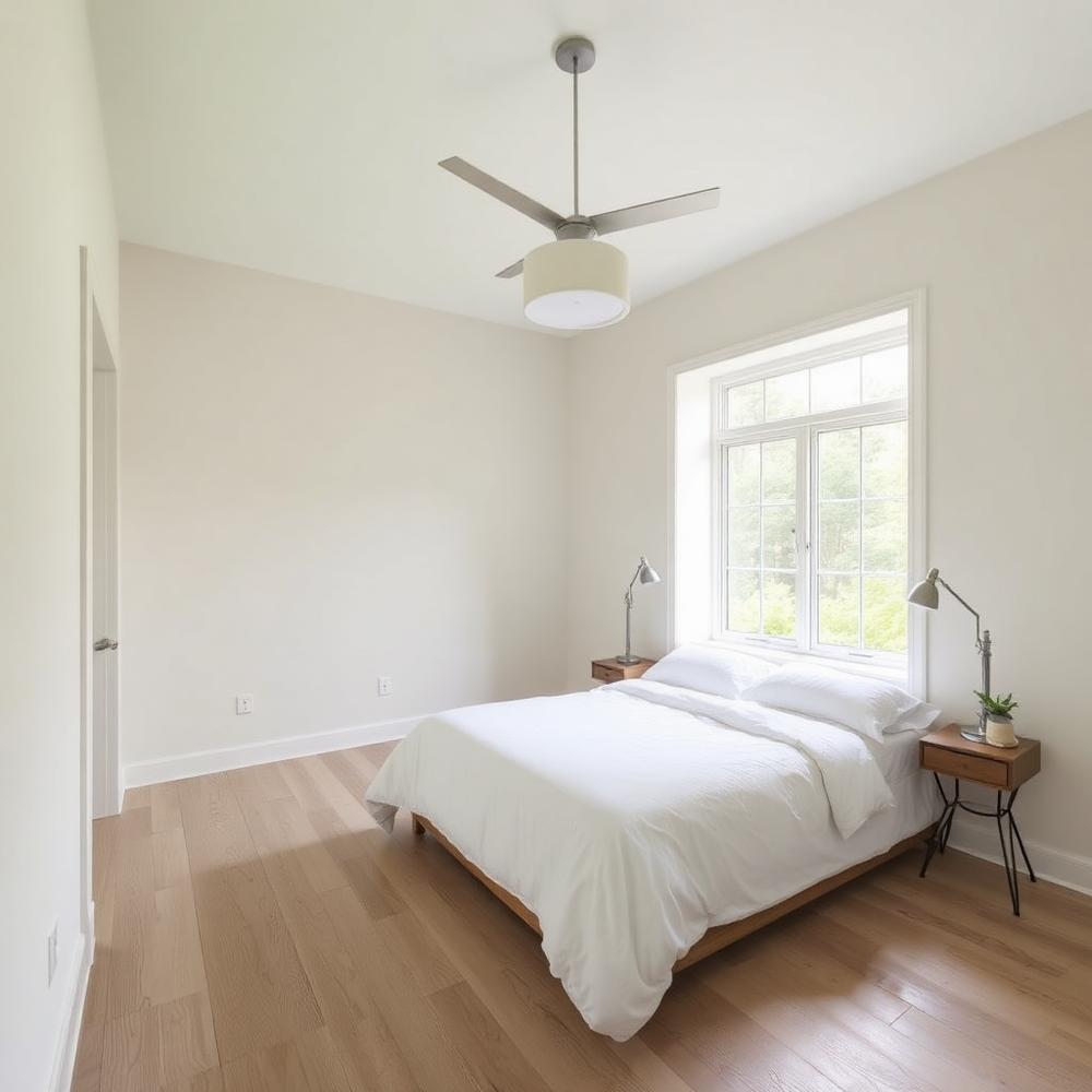 Renovated bedroom with new flooring, painted walls and modern lighting