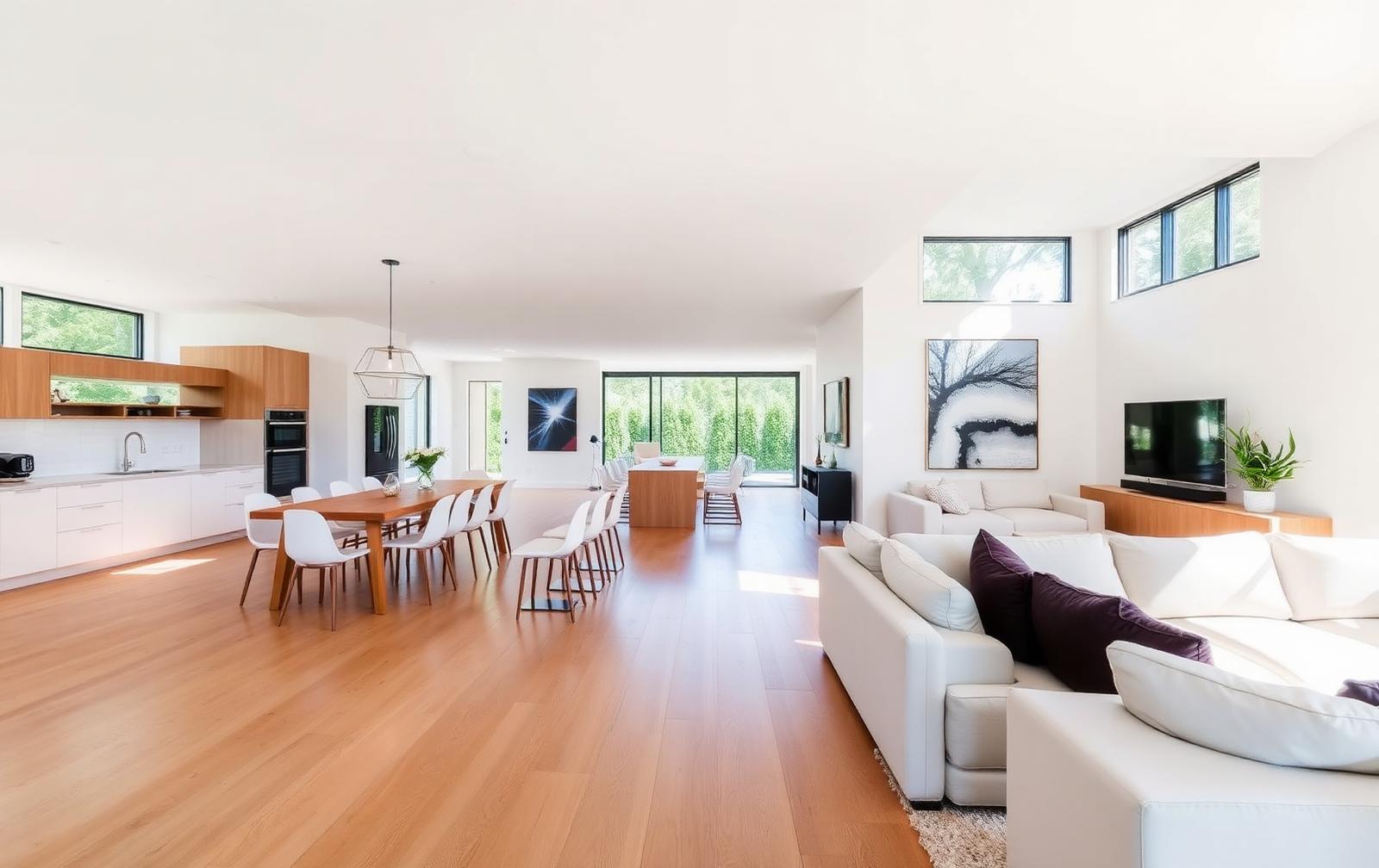 Renovated open-concept living, dining and kitchen area with oak floors